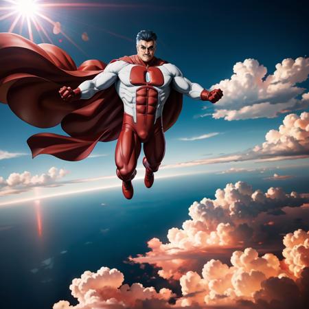 anime artwork of  <lora:Omni-Man SD1.5:1.2>
Omni-Man a man flying through the air with a red cape, anime style, key visual, vibrant, studio anime,  highly detailed