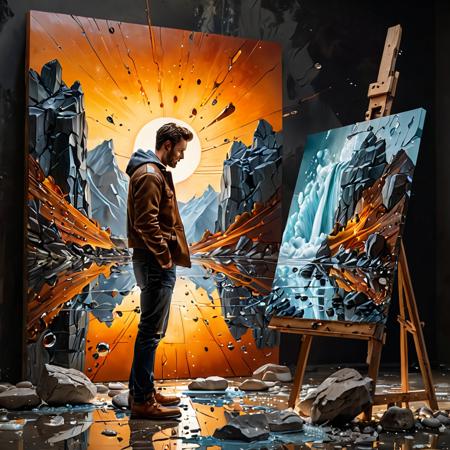 (ultra high res:1.4), (masterpiece:1.4), (dslr:1.4), (8k:1.4), (beautiful lighting:1.4), a man that is standing in front of a painting, a hyperrealistic painting, inspired by Sam Spratt, shutterstock contest winner, shock art, man carving himself out of stone, cracking glass through reality, art in an absurdist style, devouring