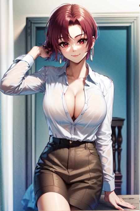 (masterpiece, best quality:1.2), bazett, fgo, 1girl, solo, arm behind head, smile, short hair, red hair, bangs, red eyes, mole under eye, large breasts, dress shirt, white shirt, cleavage, earrings, <lora:BAZETT-15:0.8>