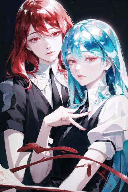 masterpiece, best quality, (realistic photo:1.2), detailed illustration, detailed face and eyes, ultra-detailed, illustration, androgynous, red hair, solo, 1other, gem uniform (houseki no kuni), necktie, red eyes, short hair, hair between eyes, black background, sparkle, black necktie, simple background, upper body, formal, crystal hair <lora:gem:1>