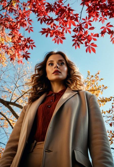 perspective Low-angle shot from very below of an elegant woman, cute, 22 y.o, standing under a tree in autumn, with red leaves gently falling around her.  the camera points directly upward at a 90° angle, capturing the blue sky through the branches. Soft natural lighting, realistic details, slightly blurred background (bokeh), 8k uhd, high detailled body, high detailled eyes, masterpiece, realistic, realism, hyper-real, hyper-realism, soft light, kodak film, cinematic, futuristic in 100 yeard.