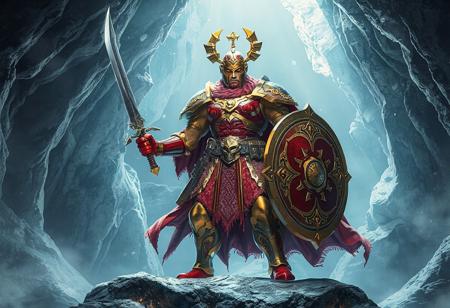 The image depicts a powerful Conduction Warrior Linear Magnum ±, radiating strength and ready for battle. Wearing vibrant red and gold armor with intricate designs, the warrior stands on a cave, holding a gleaming sword and protective shield. Their stance, with one foot forward, suggests readiness. The Frozen Ice Cave background highlights the armor's striking colors. The 4K image boasts exceptional quality, lifelike details, sharp lines, harmonious colors, and a dynamic action pose, making it a captivating and trending piece on Artstation HD, 4K, and 8K platforms.