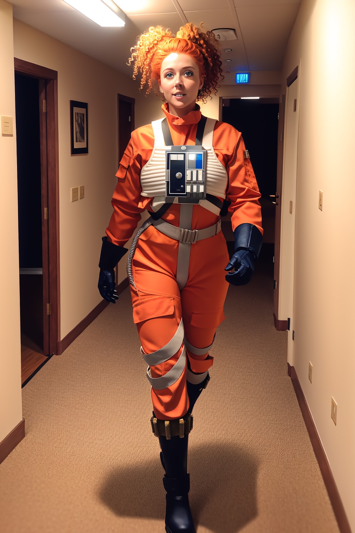 gingerwoman in rebel pilot suit,ponytail,walking,spaceship corridor,curly hair<lora:RPSV3:0.8>