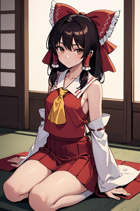 (masterpiece, best quality:1.2), solo, 1girl, hakurei reimu, expressionless, looking at viewer, seiza, hair tubes, sleeveless shirt, yellow ascot, detached sleeves, red hakama skirt, shrine