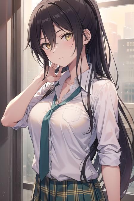 sakuyashirase, <lora:sakuyashirase-lora-nochekaiser:1>,
sakuya shirase, black hair, hair between eyes, long hair, ponytail, (yellow eyes:1.5),
BREAK collarbone, green necktie, green skirt, necktie, open collar, plaid, plaid skirt, pleated skirt, school uniform, shirt, skirt, white shirt,
BREAK looking at viewer, full body,
BREAK indoors, classroom,
BREAK <lyco:GoodHands-beta2:1>, (masterpiece:1.2), best quality, high resolution, unity 8k wallpaper, (illustration:0.8), (beautiful detailed eyes:1.6), extremely detailed face, perfect lighting, extremely detailed CG, (perfect hands, perfect anatomy),