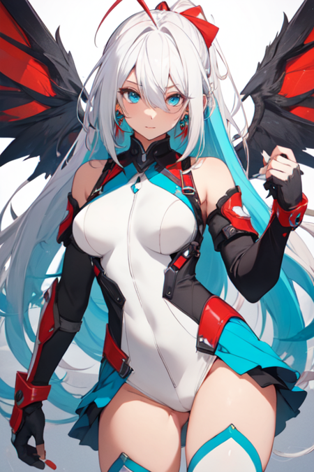 KianaSentinel, 1girl, solo, long hair, white hair, ponytail, blue eyes, white thighhighs, gloves, gauntlets, hair between eyes, bare shoulders, white bodysuit with red lining, jewelry, earrings, antenna hair, cyan wings, [medium breasts], 