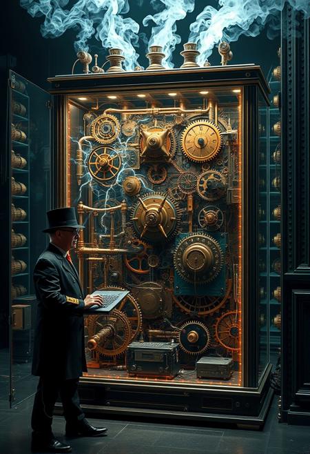 Inside of its glass case a fantastical steampunk quantum computer bends time and space. Beams of energy swirl and dance around the intricate clockwork gears and cog wheels. Steam issues from a bank of pipes along the top of the cabinet. Outside of the case a steampunk engineer, resplendent in his uniform wearing a top hat and goggles, stands at a keyboard to one side. This striking steampunk image, envisioned as a high resolution digital image, showcases the machine's ornate design and cutting-edge functionality. Every detail is meticulously rendered, creating a visually stunning masterpiece that captivates the viewer with its intricate beauty and technological brilliance.