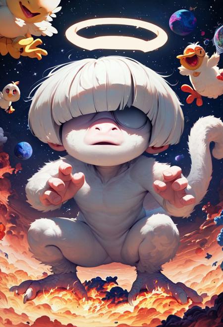 score_9, score_8_up, score_8, white furry monkey, bob cut, over eyes, monkey face, dragon scales, white tail, squatting, chicken feet, massive ears, halo, white sparkles, one eye covered, one eye not covered, realism, chaotic spatial cosmic unholy tear in space and time behind monkey, cosmic explosion, Giant Rifle in left hand, pickle in left hand, exaggerated camera angle