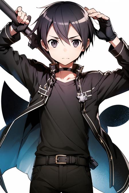 kirito, 1boy, solo ,weapon, sword,  black hair, male focus, fingerless gloves, gloves, black eyes, holding weapon, holding, holding sword, black gloves, black shirt, white background, looking at viewer, pants,<lora:abec:0.8>