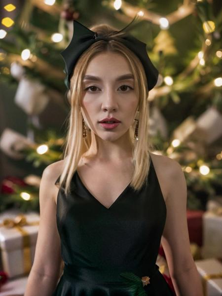 closeup portrait photo of ( Ava Max, wearing a black dress), (in front of a christmas tree, christmas gifts, christmas lights, christmas ornaments, cinematic lighting)++, 8k uhd, high quality, dramatic, cinematic, bokeh