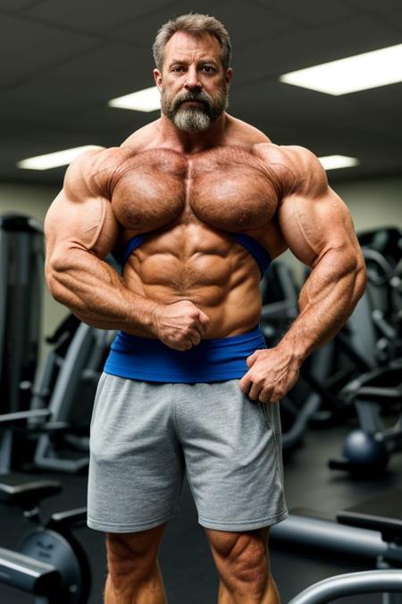 professional photoshoot of: 45 yo male super-physique, with veiny biceps, thick forearms, veiny forearms, thick neck, hairy foreamrs, hairy chest, hairye legs, hero pose, lower cam, backgound of gym out of focus, wide angle