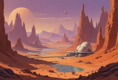 A pastel painting by a contemporary of Syd Mead, Frank Frazetta, and Zdzisław, in the style of retro-futuristic science fiction, capturing Mars Alma, a fantastical city on Mars, hidden among the crimson high peaks, where majestic biodomes shelter lush savannas and far-off lakes glisten.