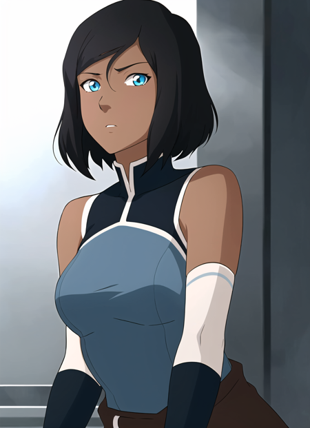 the legend of korra, masterpiece, best quality, 1girl, solo, dark skin, dark-skinned female, black hair, bare shoulders, blue eyes, short hair, looking at viewer,  <lora:the_legend_of_korra_offset:1>