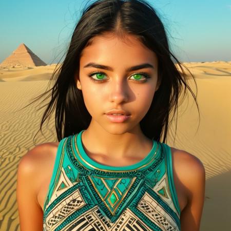 A close-up photo portrait of a girl style-hamunaptra with long black hair, tanned olive skin and detailed green eyes, wearing a cut-off top decorated with turquoise and gold. Face focus, Sensual, hot, sexy, mid breasts. a zentangle background made of sand dunes and pyramids and sun rays. Ultra detailed highest quality, deep shadows ray tracing.