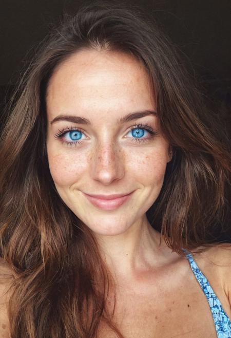 instagram photo, selfie, photo of a beautiful 30 years old European woman, very pretty, fit, smile, shy smile, skinny, highly detailed face, highly detailed skin, freckles, natural breasts, large breasts, perfect breasts, hard nipples, Rounded ass, brunette hair, pubic hair, long hair, straight hair, blue eyes, perfect eyes, detailed eyes, happy, hard shadows, dark, nighttime, overexposed filter