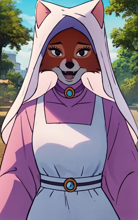 CARTOON_MaidMarian_ownwaifu,
1girl, furry, furry female, animal ears, black eyes, body fur, snout, two-tone fur, orange fur, animal nose, fangs,  tail,
dress, long sleeves, purple dress, veil, choker, jewelry, brooch, hood up, long dress, belt, gem, puffy sleeves,
<lora:CARTOON_MaidMarian_ownwaifu:1>
((masterpiece)),((best quality)),(highres, absurdres), original, official_art, looking at viewer, solo, focused, outdoors, day, cowboy shot,