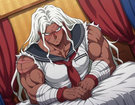 sakura oogami, long hair, white hair, dark skin, dark-skinned female, muscular, scar, muscular female, shirt, school uniform, serafuku, sailor collar, bandages, blue sailor collar, bandaged arm,