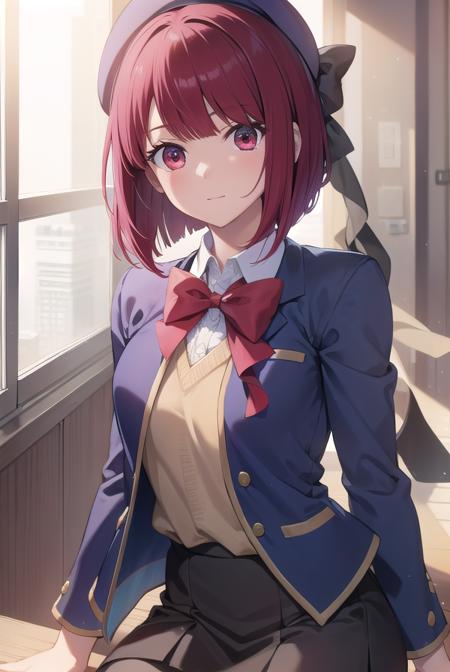 kanaarima, <lyco:kanaarima-lyco-nochekaiser:1>,
kana arima, bob cut, (red eyes:1.5), red hair, short hair,
BREAK beret, blue headwear, blue jacket, blue vest, hat, jacket, pantyhose, ribbon, school uniform, skirt, vest, youtou high school uniform,
BREAK looking at viewer,
BREAK indoors, classroom,
BREAK <lyco:GoodHands-beta2:1>, (masterpiece:1.2), best quality, high resolution, unity 8k wallpaper, (illustration:0.8), (beautiful detailed eyes:1.6), extremely detailed face, perfect lighting, extremely detailed CG, (perfect hands, perfect anatomy),