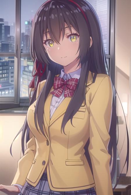 sayukitokihara, <lora:sayuki tokihara s1-lora-nochekaiser:1>,
sayuki tokihara, long hair, black hair, ribbon, hair ribbon, (yellow eyes:1.3), hairband, smile,
BREAK skirt, bow, school uniform, jacket, plaid, plaid skirt, blazer,
BREAK indoors, classroom,
BREAK looking at viewer,
BREAK <lyco:GoodHands-beta2:1>, (masterpiece:1.2), best quality, high resolution, unity 8k wallpaper, (illustration:0.8), (beautiful detailed eyes:1.6), extremely detailed face, perfect lighting, extremely detailed CG, (perfect hands, perfect anatomy),