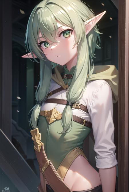 highelfarcher, <lora:highelfarcher-lora-nochekaiser:1>, 
high elf archer, elf, (green eyes:1.5), green hair, hair between eyes, long hair, pointy ears, sidelocks, (flat chest:1.2),
BREAK asymmetrical clothes, boots, cloak, elf, gloves, green thighhighs, high heels, shorts, thighhighs,
BREAK looking at viewer,
BREAK city, 
BREAK <lyco:GoodHands-beta2:1>, (masterpiece:1.2), best quality, high resolution, unity 8k wallpaper, (illustration:0.8), (beautiful detailed eyes:1.6), extremely detailed face, perfect lighting, extremely detailed CG, (perfect hands, perfect anatomy),