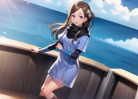 masterpiece, official art, dynamic angle, 1girl, outdoors cruise ship balcony ocean beautiful sunlight blue sky clouds, looking at viewer, smiling  <lora:akaneze-15:1>, akaneze, dress, knee boots, long sleeves, layered sleeves, hair ornament, hair flower, scarf