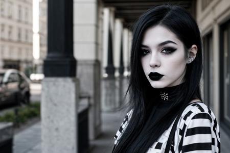Teen brunnete nordic goth girl | tattoo | dark | Adult | On street | High quality | gothic makeup | realistic | informal | cute girl | bob cut hair | choker | solo | black hair | A mysterious look | piercing | black gloves | Full height