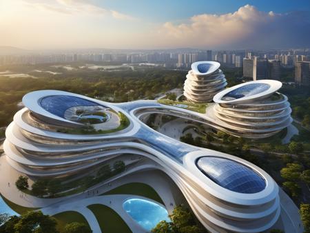 <lora:JJsCurvyArchitecture_XL:1>,((CurvyArchitecture)) , ((best quality)),((masterpiece)),((realistic)), outdoors, cloud, blue sky, no humans, building, scenery, city, cityscape, skyscraper,  center composition, park,  car, tree, dramatic lighting,