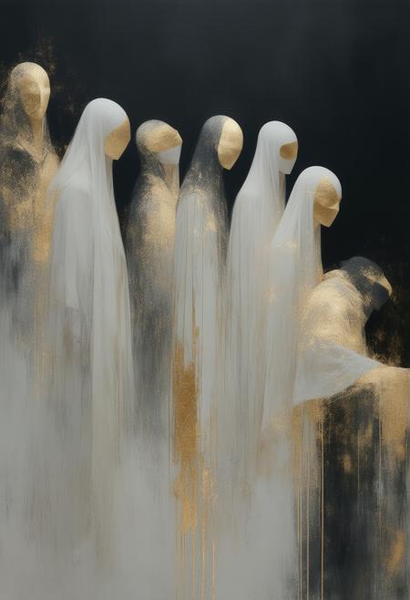 A surreal opera scene rendered in a minimalist style. Masked figures, draped in flowing gold-trimmed garments, stand as elegant silhouettes against a stark, flat background of midnight black. Shimmering white light subtly highlights the linear forms of their robes and masks, creating a delicate interplay of light and shadow. The composition emphasizes clean lines and gentle curves, achieving a sense of balance and uniformity. Imagine Monet's brushstrokes distilled into geometric purity, a silent, ethereal performance where form and light define emotion. Focus on the essence of the figures, reducing them to their most impactful shapes. The overall mood is one of quiet mystery and profound elegance. Cinematic, high resolution, octane render, 8k.