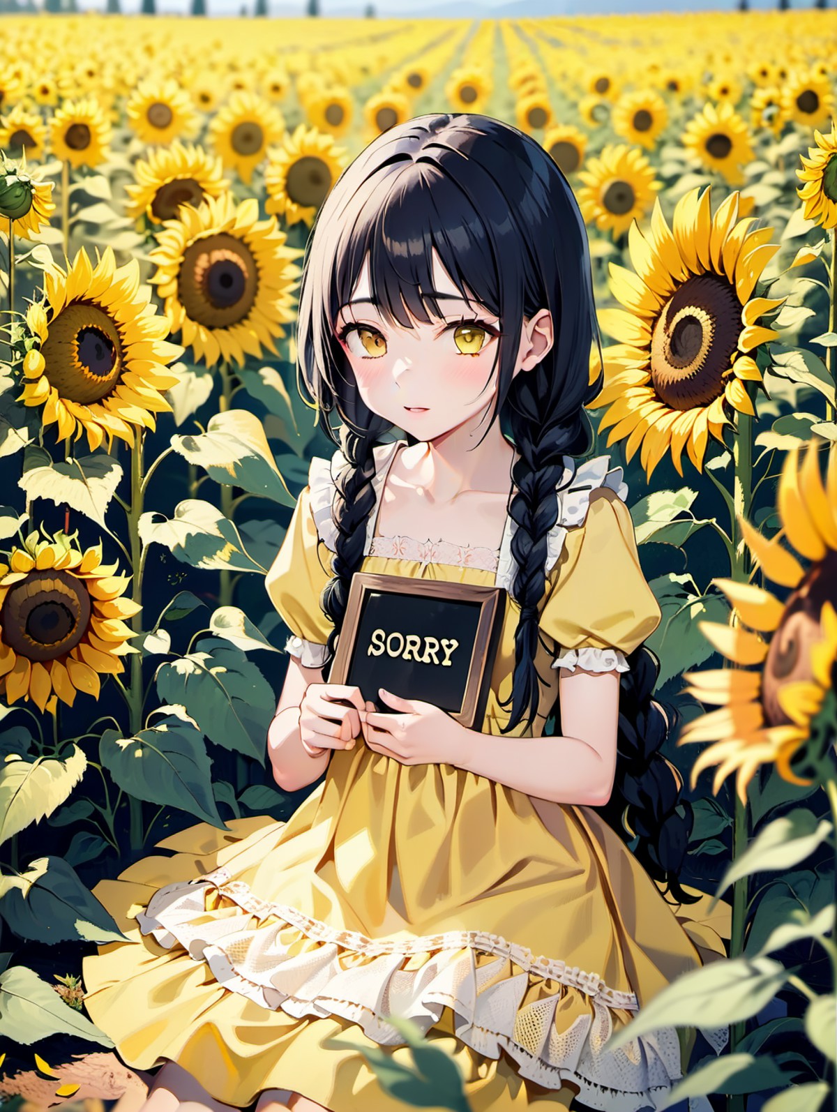 A young girl with long black hair in braids sitting pensively in a sunny flower field of yellow sunflowers. She is wearing...