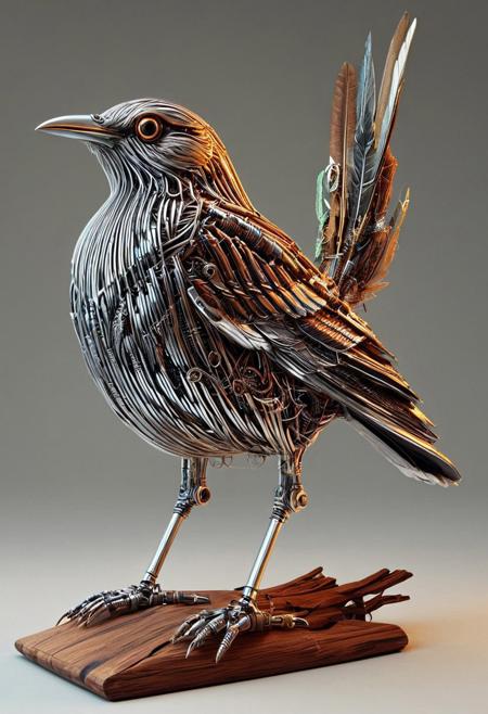 cyberpunk,  a robotic magpie with  sylver circuits, on a branch, looking at viewer, macro, glow, shallow depth of focus,,epiCPhoto, flux-style