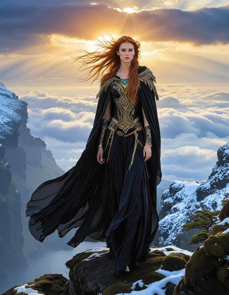 freyja, auburn hair, braided hair, magic, forest, mythic beauty, <lora:NBN-Freyja_NordicByNature:0.8>, ,Raven,Winged Warrior, A striking nbn-freyja wearing a raven,feathered cloak, standing atop a cliff overlooking the wild Baltic sea.,photo Fantasy art combining the styles of Boris Vellejo and Luis Royo,Photorealistic, real photo, god rays, 1girl, 21yo,realistic, clear focus, high resolution image, ,Sexy pose, erotic pose, exhibitionism, ,The Mount Kilimanjaro in Tanzania with its snow-capped peak and diverse ecosystems