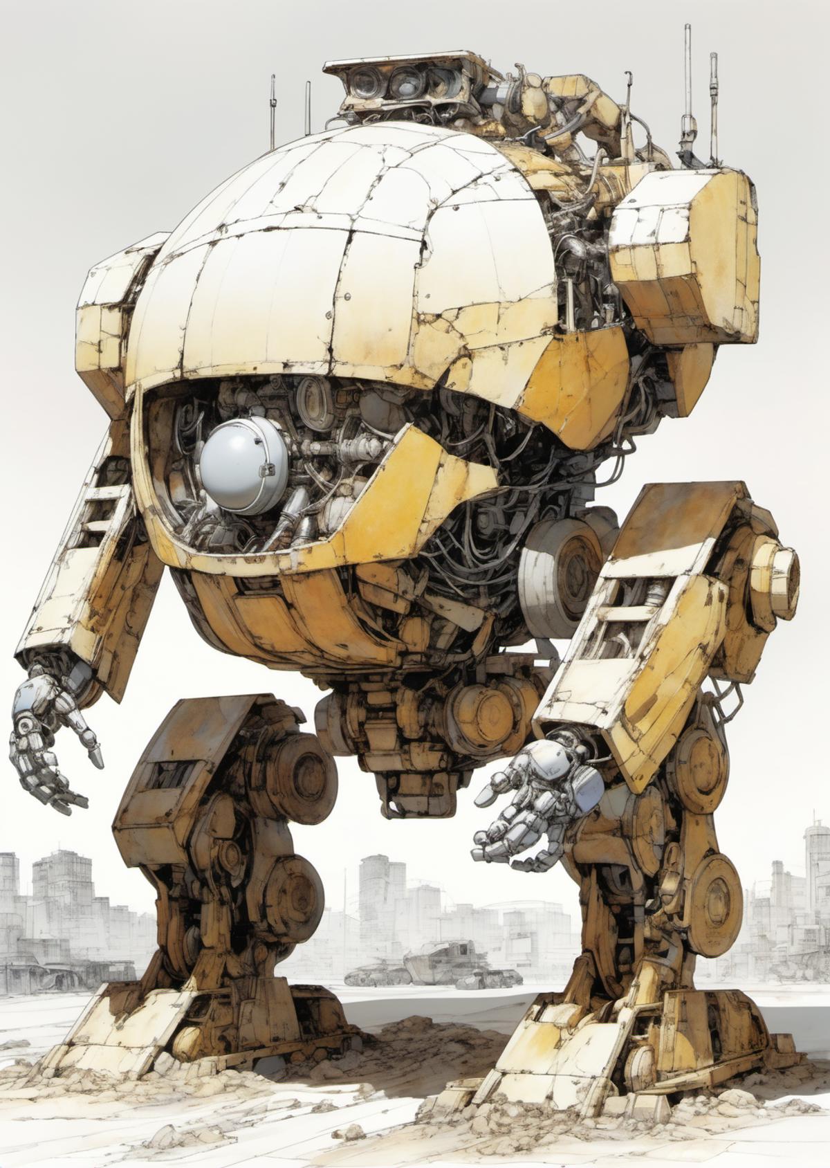 A large metal robot with many gears and cogs, possibly resembling a tank or a large mechanical object.
