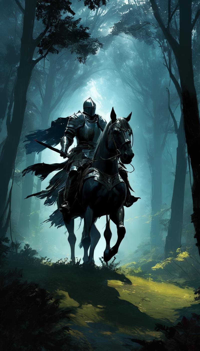 A knight in armor riding a black horse through a forest.