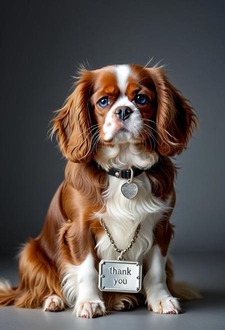 masterpiece, ultra-detailed, hyper-realistic, cinematic lighting, beautiful dog Cavalier King Spaniel dog, long fluffy fur, striking blue eyes, sitting directly facing the viewer, calm and elegant posture, wearing a small collar tag or ID plate that clearly reads "Thank You", highly detailed fur texture, soft lighting, shallow depth of field, realistic whiskers and fur strands, subtle warm backlighting, photo-realism, pet portrait perfection,