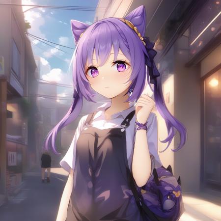 full body, a cute girl in a street, purple hair, hair ornament, twintails, cat ears hairstyle, ambient light, (detailed face, detailed body: 1.4), detailed anime style <lora:Keqing(Genshin_Impact):1>