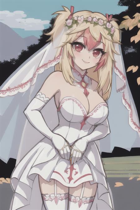 <lora:mioV1:.8>, mio, 1girl, solo, blonde hair, large breasts, multicolored hair, red eyes,  long hair, thighhighs, smile,  ribbon,  scenic, outdoors, dress, wedding dress, (bridal_veil), veil, wedding, wedding ring, white dress, white flower, white gloves, outstretched arms, church