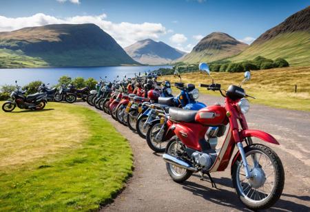 High quality photography, dynamic angle, a row of 125cc motorbikes and a couple of 50cc mopeds, parked next to scottish mountain scene, scotland flag flapping, extreme realism, ultra fine detail, amazing landscape, highest resolution, sharp result, blue skies, sun backlight, depth of field, background blur, summer, strong contrast, balanced brightness, masterpiece image