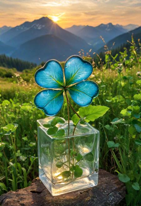 a four-leaf clover in glass, in a natural landscape, depicted nestled among tall grasses in a serene meadow with mountains in the distance. The glass clover should reflect the surrounding scenery, capturing the vibrant hues of the grass and the azure sky. The overall atmosphere should be tranquil and harmonious, with soft sunlight casting warm rays over the scene. (natural landscape), (serene), (reflective:1.1), (vibrant colors), (mountains), (tranquil atmosphere), (soft sunlight), (harmonious)