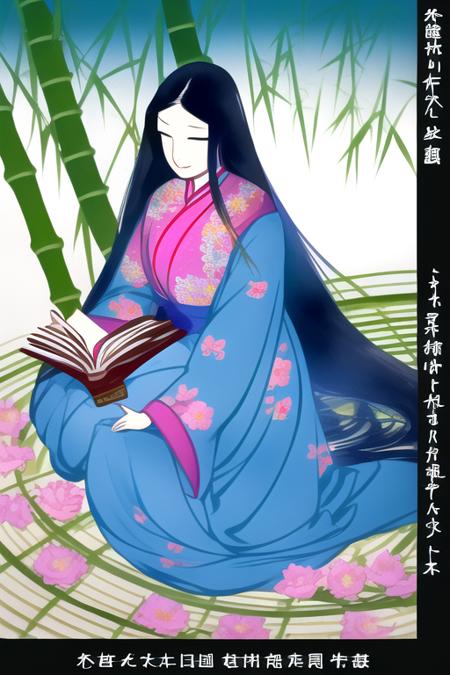 Asian woman wearing a blue and pink dress reading a book in a bamboo forest, long black hair, curved lines, <lyco:Masayuki-14:0.8>, 1girl, in focus, 21mm focal length,  slight smile, flowers all around,