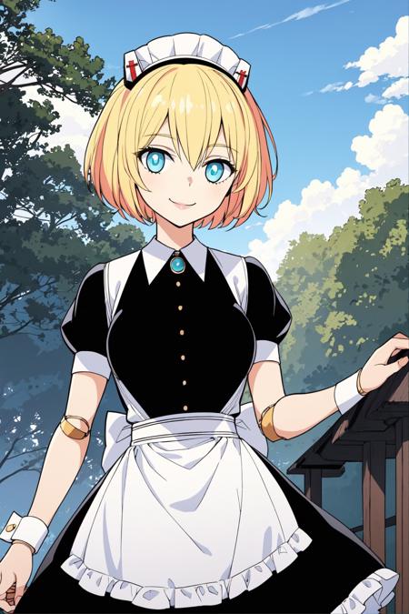 hasty, 1girl, solo, short hair, blue eyes, blonde hair, doll joints short sleeves, puffy sleeves, apron, black dress, puffy short sleeves, looking at viewer, maid, maid headdress, white apron, maid apron, dress,