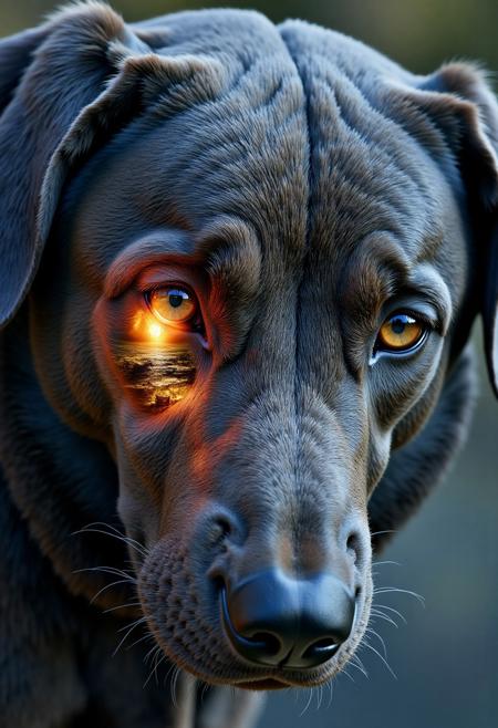 digital art by Adam Martinakis, Goro Fujita and Filip Hodas, Illustration, a close up image of the face of an dog, the reflection on the eyes shows a netherworld, Surrealism, digital manipulation, ethereal landscapes, Concept art, VR painting, imaginative worlds, whimsical characters, digital illustration, Sci-fi digital art, dystopian landscapes, surreal compositions, vibrant colors, dynamic dramatic atmosphere, dynamic cinematic color, flowing, best, unique.