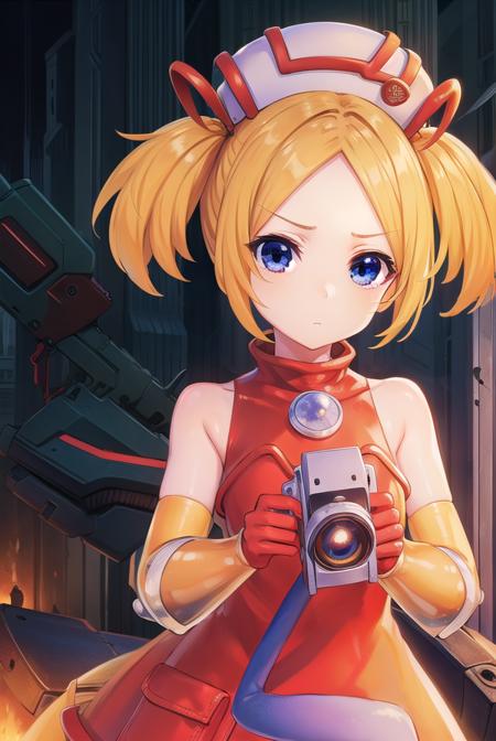 bsha, short hair, blue eyes, blonde hair, twintails, short twintails, gloves, hat, dress, boots, gun, huge weapon, orange footwear, orange dress, bare shoulders, red gloves,