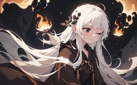 (best quality, masterpiece),  (1girl, solo,brown robe, expression face, looking away, sitting, wide sleeves, black eyes, closed mouth, long hair, upper body), (Monochrome, night sky at cave entrance , light rising from the bottom, inside Cave, floating glowing bunch of white particles, burning fire at behind, floating many white small fires),