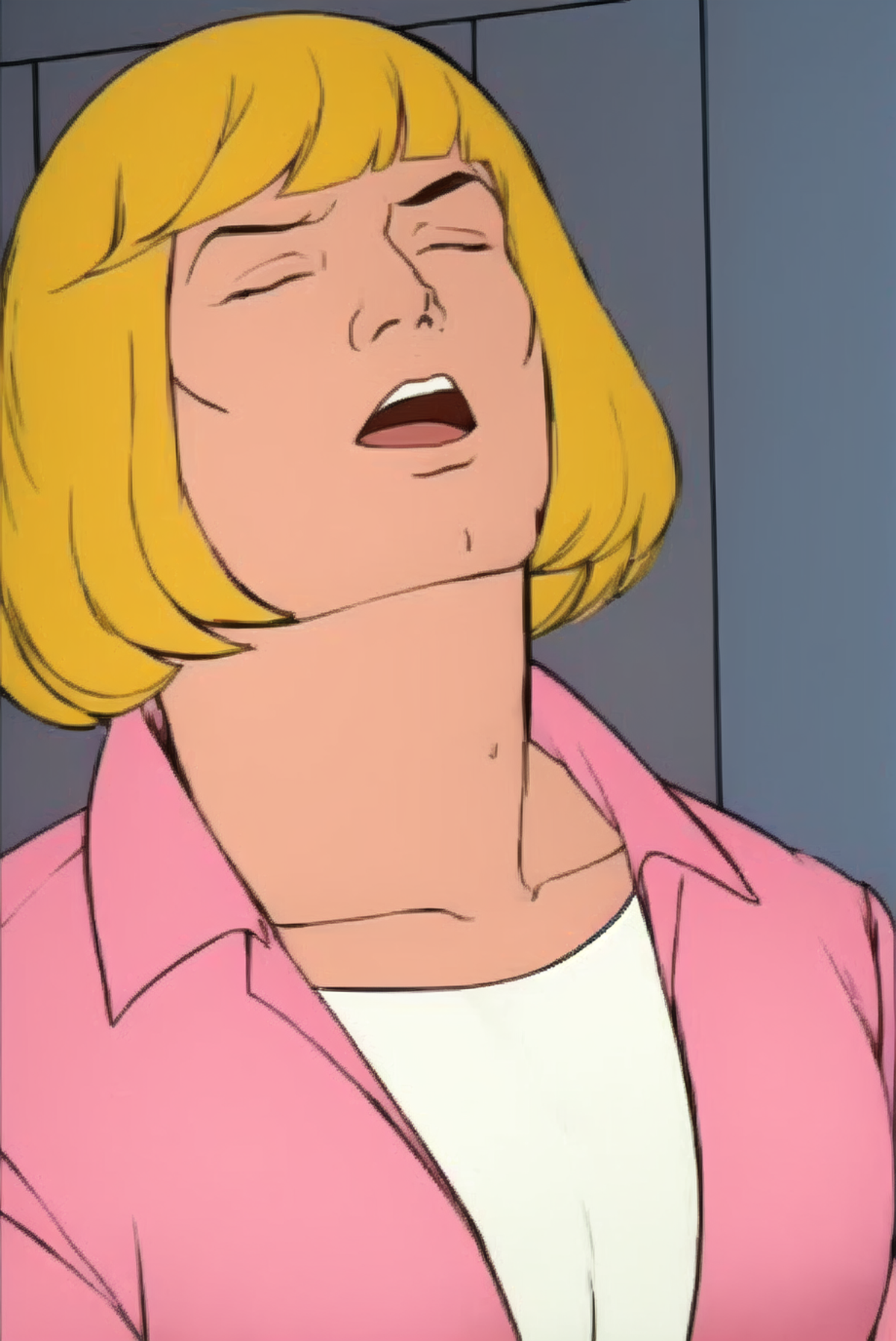 A cartoon drawing of a woman with blonde hair, a pink shirt, and a pink collar, with her mouth open.