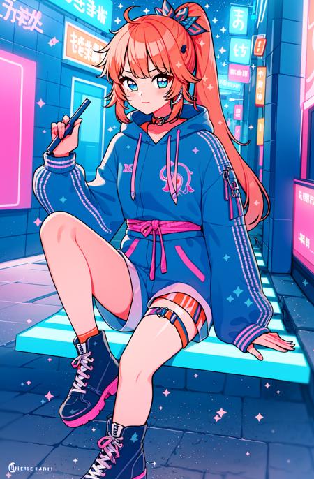 1girl, solo, sitting, ponytail,  hoodie, shorts, boots,   fullbody,  neon lights, neon,  japanese city, alley, pink, orange