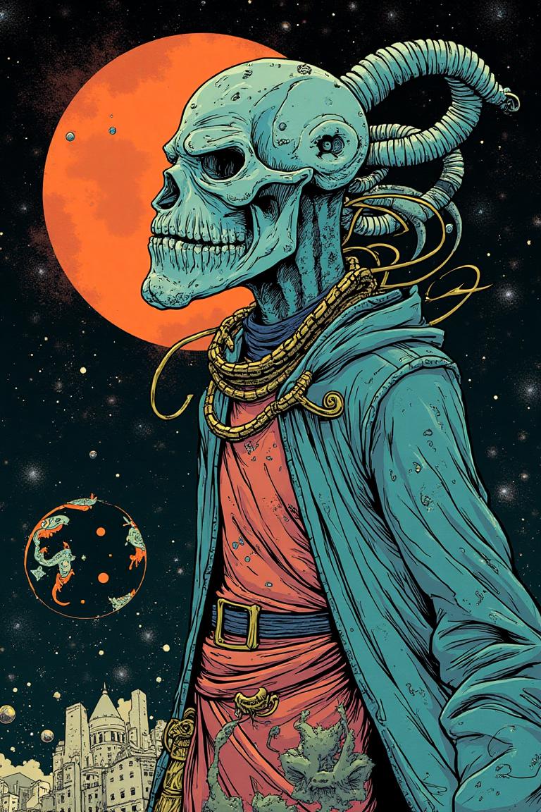 James Jean Style -Philippe Druillet Style - funny wizard, in the style of
colorful moebius, cosmic horror,
trompe-l'œil illusionistic detail,
dark aquamarine, sleepycore