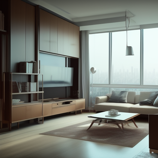 high resolution concept art of an apartment living room overlooking a large futuristic city with floor to ceiling windows ...