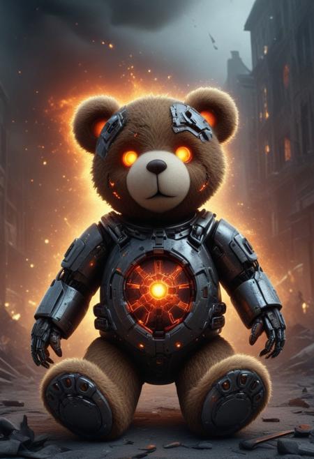 detailed, high quality, a cyborg teddy bear xmastedx, in a destroyed city, fire and explosions, fire particles