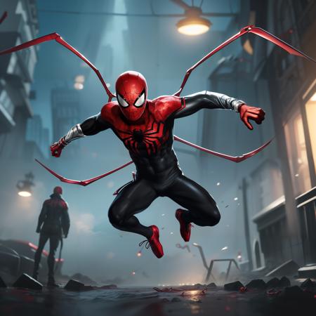 (((full body of male supspr))), (((four red metal legs))), (((silver bracelets))), (((sharp fingers))), a spider - man in a red and black suit, (((chasing))), 8k, unreal engine, octane render, by seunghee lee, Jang Tae-Hwan, Chocofing R, seungho lee, trending on pixiv, fanbox, skeb, masterpiece, smooth soft skin, big dreamy eyes, beautiful intricate colored hair, symmetrical, anime wide eyes, soft lighting, concept art, digital painting,  <lora:supspr:0.4>