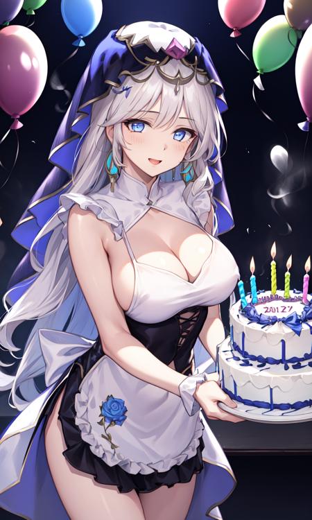 masterpiece, best quality, extremely delicate and beautiful,illustration,(happy birthday:1.3),  1girl, fleausse,veil, naked apron, cleavage,  birthday cake, birthday party,    cowboy shot,   <lora:sv-FleausseV2-1-000004:0.8>